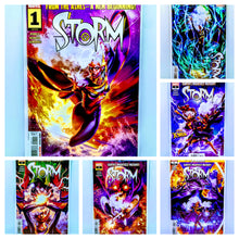 Load image into Gallery viewer, Collection of comic book covers featuring a character named 'Storm' with vibrant colors and dynamic poses.