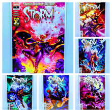 Load image into Gallery viewer, Collection of comic book covers featuring a character named 'Storm' with vibrant colors and dynamic poses.