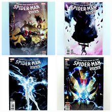 Load image into Gallery viewer, Four comic book covers of Spider-Man 2099 on a light blue background