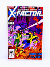 Load image into Gallery viewer, A comic book cover for 'X-Factor #1' featuring illustrated characters in vibrant colors, with the title 'Baptism of Fire!' prominently displayed.