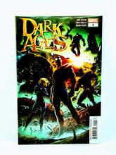 Load image into Gallery viewer, Cover of 'Dark Ages #1-#6' comic book mini-series featuring character Miles Morales with a hybrid symbiote, artwork includes multiple characters and a vibrant color scheme.