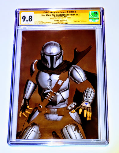 A collectible trading card featuring an illustration of a character from Star Wars, encased in a clear plastic sleeve and a brown card backing.