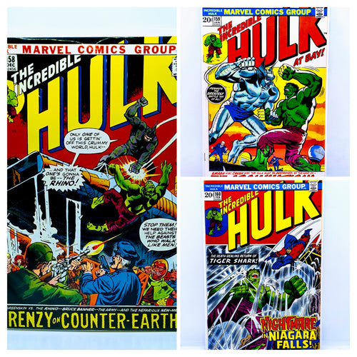 Three vintage issues of 'The Incredible Hulk' comic books featuring the character in various storylines, including 'Renzy's Counter-Earth' and 'The Immortal Hulk'.