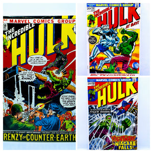 Three vintage issues of 'The Incredible Hulk' comic books featuring the character in various storylines, including 'Renzy's Counter-Earth' and 'The Immortal Hulk'.