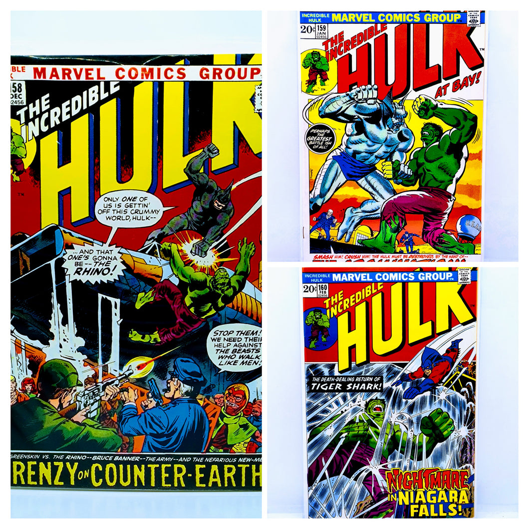 Three vintage issues of 'The Incredible Hulk' comic books featuring the character in various storylines, including 'Renzy's Counter-Earth' and 'The Immortal Hulk'.