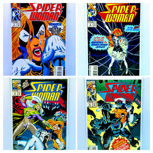 A set of four comic books from the Spider-Woman series, issues #1 to #4, featuring artwork with Spider-Woman in various action poses.