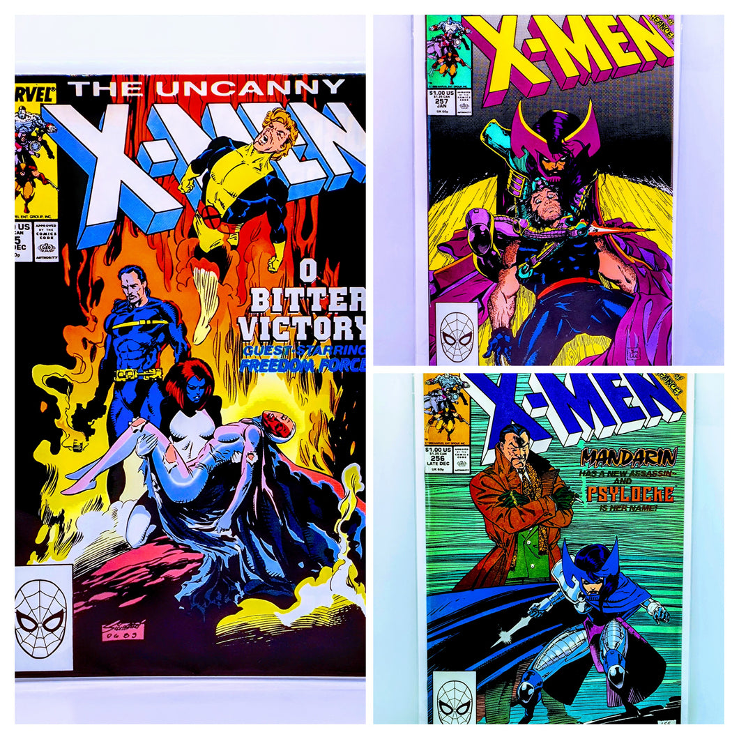 A set of three comic books from the series 'The Uncanny X-Men', featuring various characters in dynamic poses and costumes.