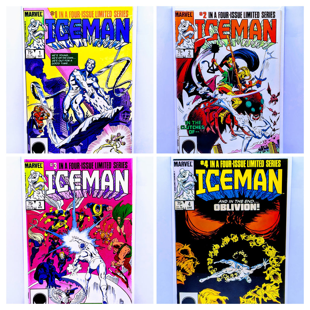 Four comic book covers of Marvel's 'Iceman' limited series on a white background.
