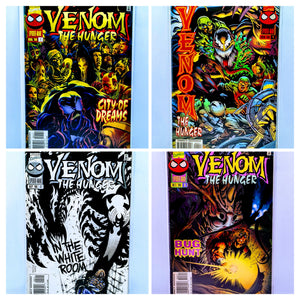 Four comic book covers of 'Venom the Hunger' with various titles on a light blue background.