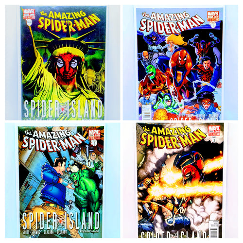 Four comic book covers featuring 'The Amazing Spider-Man' with various characters and Spider Island theme.