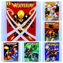 Load image into Gallery viewer, Collection of Wolverine comic book covers displayed against a light blue background.
