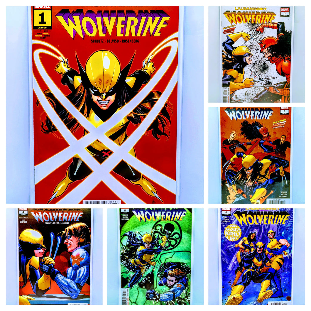 Collection of Wolverine comic book covers displayed against a light blue background.