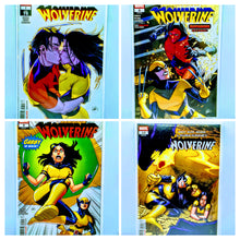 Load image into Gallery viewer, Four comic book covers featuring Wolverine and other characters on a light blue background.
