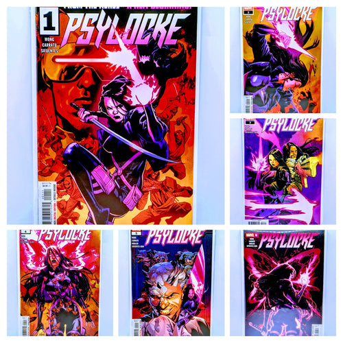 Collection of 'Psylocke' comic book covers with vibrant artwork.