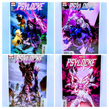 Load image into Gallery viewer, Four comic book covers featuring the character Psylocke with vibrant artwork.
