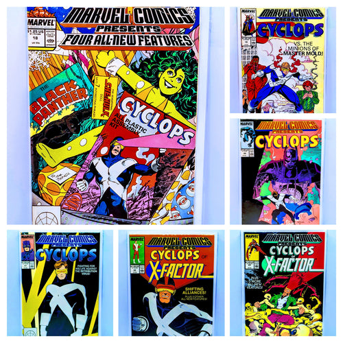 Collection of Marvel Comics featuring Cyclops on a light blue background