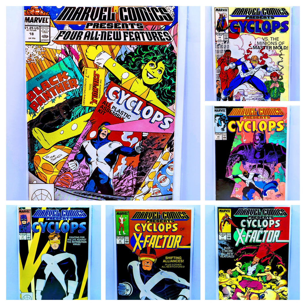 Collection of Marvel Comics featuring Cyclops on a light blue background