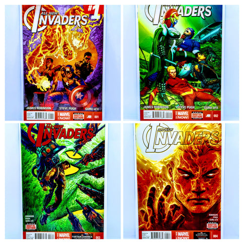 Four comic book covers of 'Invaders' on a light blue background