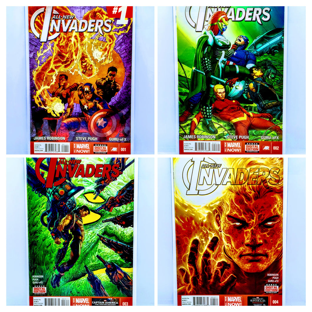Four comic book covers of 'Invaders' on a light blue background