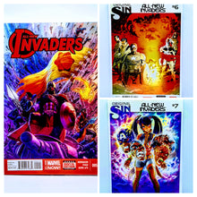 Load image into Gallery viewer, Three comic book covers featuring &#39;All-New Invaders&#39; on a light blue background.
