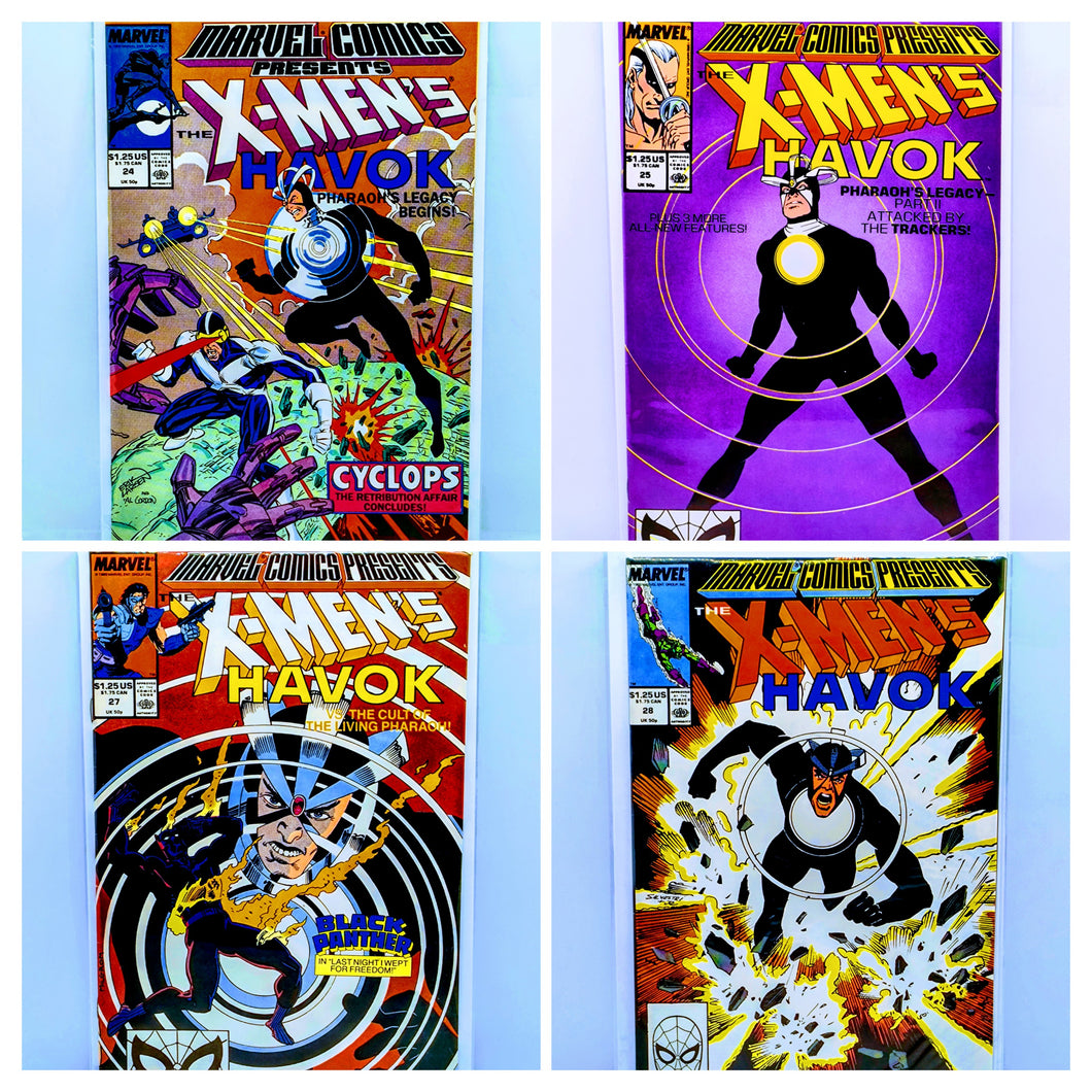Four comic book covers featuring X-Men's Havok on a light blue background