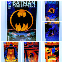 Load image into Gallery viewer, Collage of 'Batman Dark Patterns' comic book covers with various designs.

