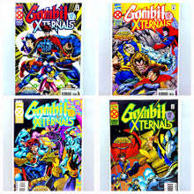Load image into Gallery viewer, Four comic book covers featuring superhero characters on a light blue background
