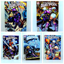 Load image into Gallery viewer, Five comic book covers featuring the character Gwenpool on a light blue background.
