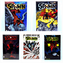 Load image into Gallery viewer, Five comic book covers featuring the Spawn series with various artwork and colors.
