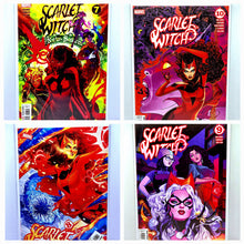 Load image into Gallery viewer, Four comic book covers featuring the character Scarlet Witch with vibrant colors and dynamic poses.
