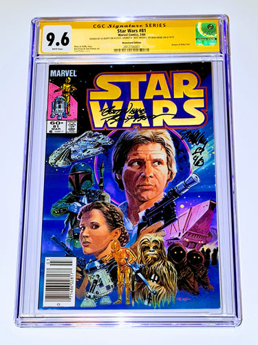 A graded comic book of Star Wars #81 in a CGC case, featuring signed by Jo Duffy and Ron Frenz, with an illustration of characters Han Solo, Princess Leia, and Boba Fett on the cover.