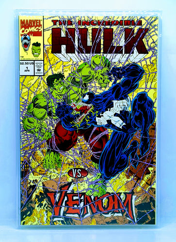 The cover of the comic book 'Hulk vs Venom #1' featuring artwork of the characters the Hulk and Venom fighting, with a foil and embossed finish.