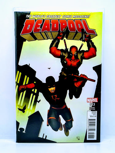 Cover of Deadpool #13 variant edition featuring Deadpool and Daredevil characters in a dynamic pose with a red text logo at the top and a price tag at the bottom.