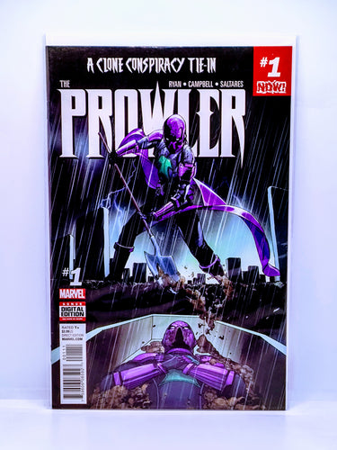 The Prowler #1 comic book variant cover featuring the character Prowler in a dynamic action pose with a cityscape background, under a rain-soaked sky.