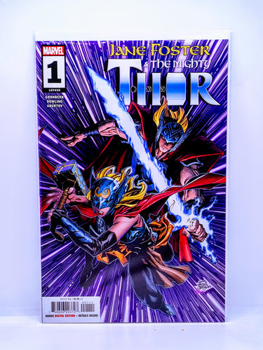 Comic book cover for 'Jane Foster & The Mighty Thor #1' featuring a character in a red and gold costume with a blue and purple backdrop, indicating dynamic movement and action.