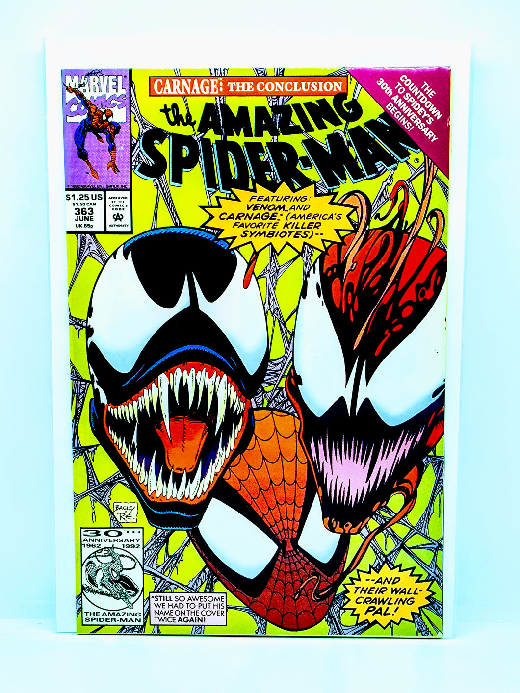 The cover of 'The Amazing Spider-Man #363' comic book featuring Spider-Man and the character Carnage in a vibrant, colorful illustration.
