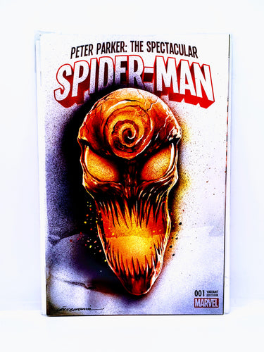 Cover of 'Peter Parker: The Spectacular Spider-Man' comic book featuring artwork of the character's mask in a prominent, fiery design.