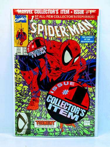 A cover of Spiderman comic book showing an illustration of Spiderman with the text 'Collector's Item' and the number '1' indicating it's the first issue.
