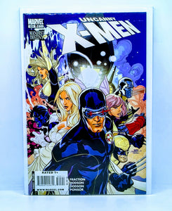 Comic book cover of 'Uncanny X-Men' with characters in superhero poses on a blue background