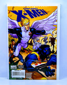 Comic book cover featuring X-Men characters with a blue and yellow background