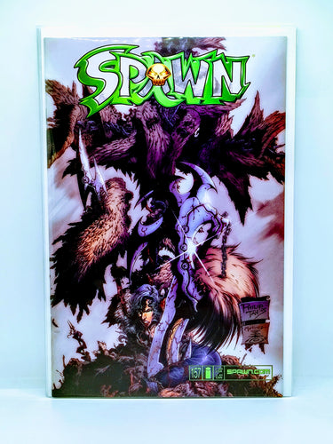 Comic book cover featuring the character Spawn with a fantasy-themed illustration on a light blue background.