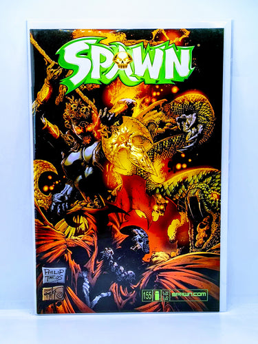 Comic book cover featuring the title 'Spawn' with vibrant colors and dynamic artwork.