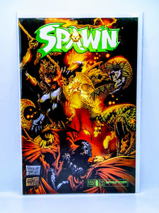 Comic book cover featuring the title 'Spawn' with vibrant colors and dynamic artwork.