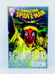 Comic book cover of 'The Amazing Spider-Man' featuring Spider-Man as the Statue of Liberty.