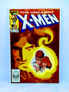 Comic book cover of 'The Uncanny X-Men' with a couple embracing in a yellow circle on a red background.