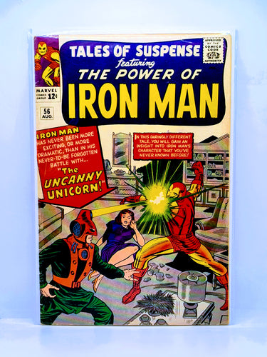 Comic book cover featuring Iron Man and an unicorn on a blue background