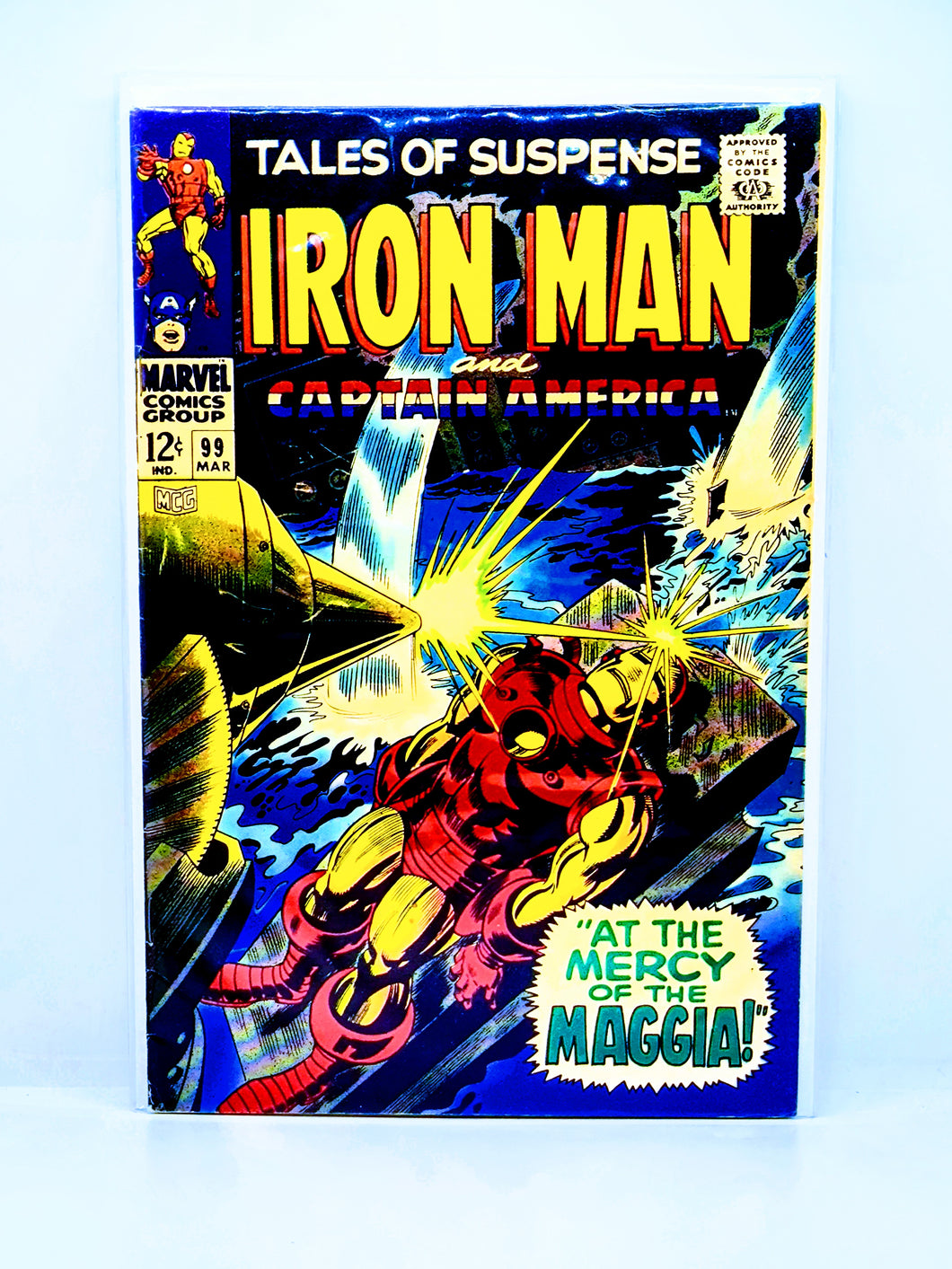 Comic book cover featuring Iron Man and Captain America with dynamic action scene