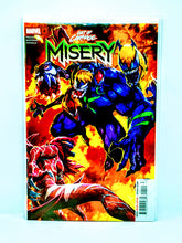 Load image into Gallery viewer, Comic book cover with colorful characters and &#39;Misery&#39; text on a fiery background
