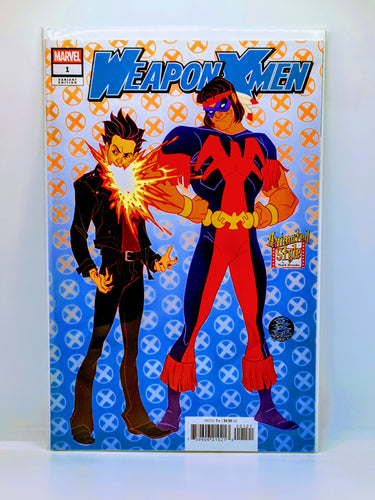 Comic book cover featuring two superhero characters with a blue and orange background.