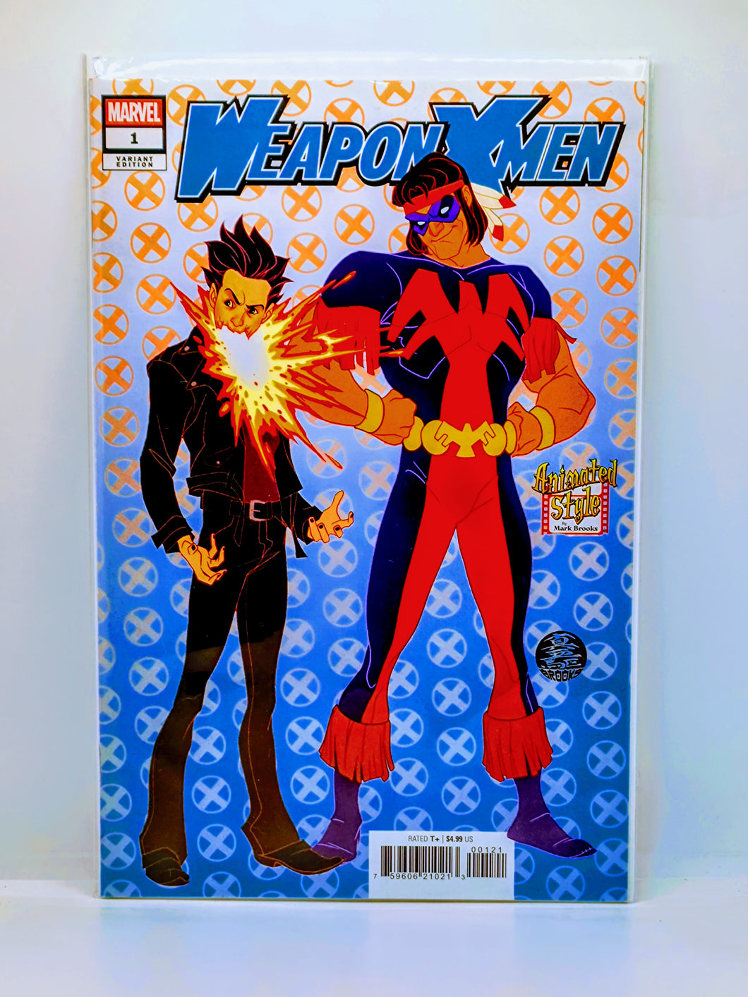 Comic book cover featuring two superhero characters with a blue and orange background.